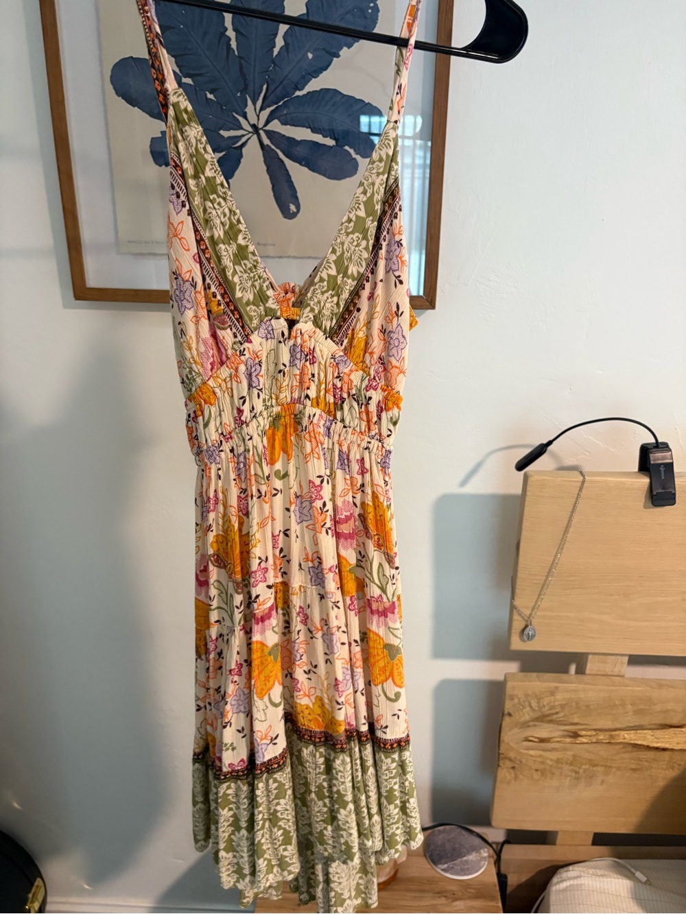 Floral Boho Mini Dress in Cream and Green Open Tie Back